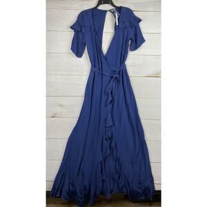 Asos Wrap Dress Womens 8 Navy Blue Open Back Ruffle Coastal Cottage Resort NWT